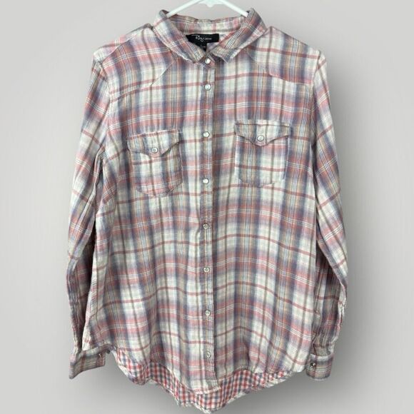 RILEY + JAMES 100% Cotton Pink and Purple Plaid Snap Button Down Shirt | XL - Picture 1 of 5